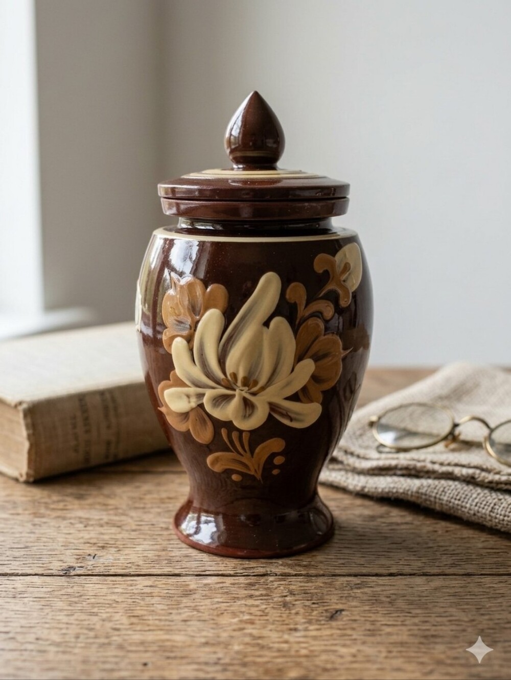 Vintage Redware Pottery Hand Painted Brown Glaze Ginger Jar Urn With Lid